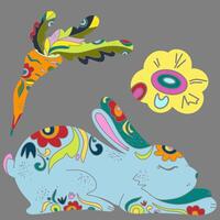 a colorful rabbit and bird are on a gray background vector