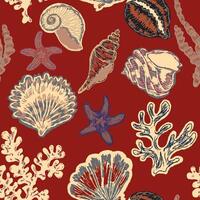 seashells and corals on a red background vector