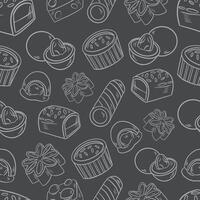 stylized seamless white pattern background of sweets cookies marmalade pastries and cupcakes on a gray vector