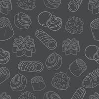 stylized seamless white pattern background of sweets cookies marmalade pastries and cupcakes on a gray background vector