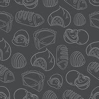 seamless white pattern background of sweets cookies pastries and cupcakes on a gray vector