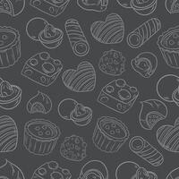 stylized seamless white pattern background of sweets cookies pastries and cupcakes on a gray background vector