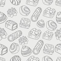 stylized seamless gray pattern background of sweets cookies chocolates pastries and cupcakes on white vector