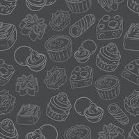 stylized seamless white pattern background of sweets cookies chocolates pastries and cupcakes on a gray vector