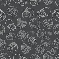 seamless white pattern background of sweets cookies pastries and cupcakes on a gray background vector