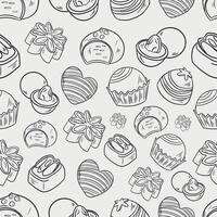 stylized seamless gray pattern background of sweets cookies chocolates pastries and cupcakes on white background vector