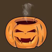 stylized colorful funny halloween pumpkin with a carved smile from which steam comes out on a dark background vector