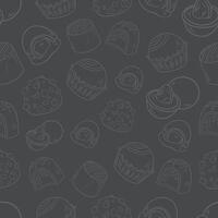 seamless white pattern background of sweets cookies marmalade pastries and cupcakes on a gray background vector