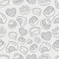 seamless gray pattern background of sweets cookies chocolate candies marmalade pastries and cupcakes on white vector