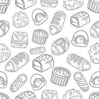 stylized seamless gray pattern background of sweets cookies chocolate candies marmalade pastries and cupcakes on white background vector