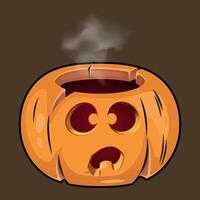 stylized colorful funny halloween pumpkin with smile from which steam comes out isolated on a brown background vector