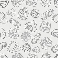 stylized seamless gray pattern background of sweets cookies chocolate candies marmalade pastries and cupcakes on white vector