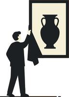 Man unveiling framed ancient vase artwork in museum minimalist illustration vector