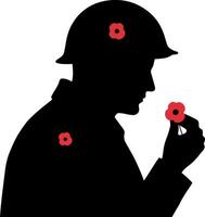 Soldier silhouette holding remembrance poppy with additional poppies on helmet and uniform illustration vector