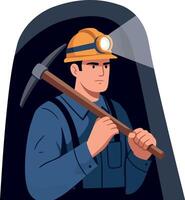 Miner with helmet and pickaxe working underground illustration in portrait format vector