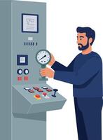 Technician man operating control panel with gauges and buttons flat style illustration vector