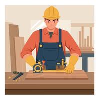 Carpenter working with wood measuring tools in workshop environment illustration vector