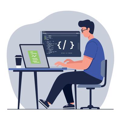 Programmer coding software on laptop and desktop computer with coffee cup illustration