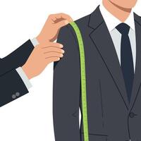 Tailor Measuring Customer Shoulder for Custom Suit Fitting in Professional Setting vector