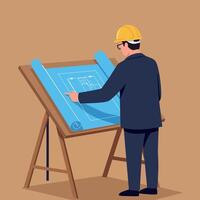 Architect Reviewing Blueprints Wearing Yellow Helmet at Drawing Table Illustration vector