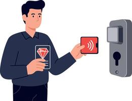 Young man using contactless key card to unlock digital door lock flat design illustration vector