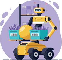 Yellow robotic arm harvesting plants in a flat digital farming automation illustration vector