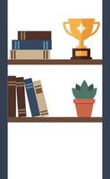 Minimal bookshelf with books, gold trophy, and potted plant in flat design illustration vector