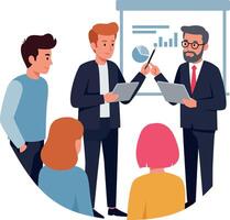 Business team in formal and casual attire discussing charts and data during presentation flat design illustration vector