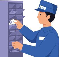 Mail carrier sorting letters in blue uniform delivering post illustration vector