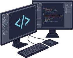 Dual computer monitors with coding screens flat design digital workspace art vector