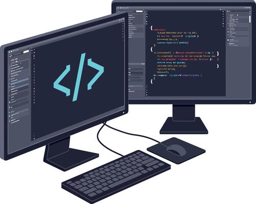 Dual computer monitors with coding screens flat design digital workspace art