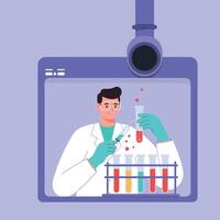 Scientist conducting chemical experiment with colorful liquids in laboratory illustration vector
