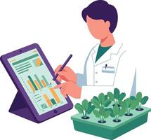 Scientist examining plant growth data on digital tablet in flat style illustration vector