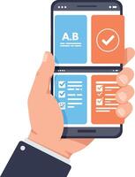 Human hand holding smartphone with checklist and approval symbols in flat minimal style illustration vector