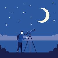 Man observing night sky with telescope under crescent moon and stars in flat style illustration vector