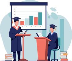 Two graduating students presenting academic data in minimal flat design illustration vector