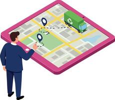 Businessman using digital map with delivery truck route and location markers in flat design illustration vector
