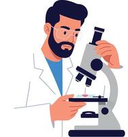 Male scientist examining slide under microscope in minimal flat design illustration vector