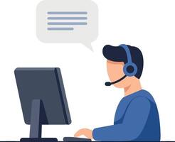 Customer service representative wearing headset working on computer flat design illustration vector