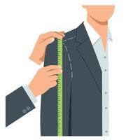 Tailoring measuring shoulder for custom suit fitting with green ruler illustration vector
