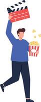 Man holding popcorn and movie clapper board illustration in casual clothes walking vector