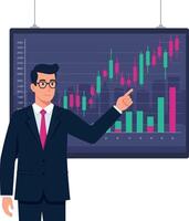 Businessman in suit presenting financial growth chart with candlestick and bar graphs flat illustration vector