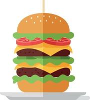 Double cheeseburger with tomato lettuce and sesame bun in flat minimal style illustration vector