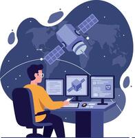 Man monitoring satellite data in modern control room with digital screens flat design illustration vector