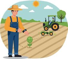 Farmer in straw hat using smartwatch on sunny field with tractor and small plant flat design illustration vector