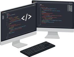 Dual computer monitors displaying colorful programming code with black keyboard flat design illustration vector