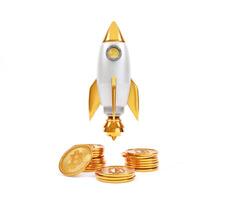 Bitcoin coins stacked with Rocket launch isolated on white background, Cryptocurrency concept. 3d rendering photo