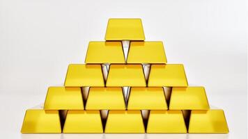 Empty gold bullion stacked into layered white background with 3D rendering. photo
