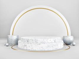 Abstract background Geometric Shape Scenes with Podium scenes in White Gtones and Golden circles. Mockup For Podium Display Or Showcase 3d illustration photo