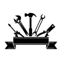 graphic featuring diverse hand tools arranged above a blank banner vector